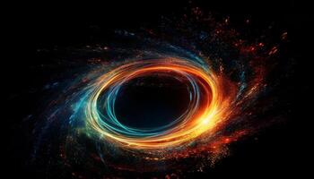 Glowing spiral of multi colored flames illuminates dark galaxy backdrop generated by AI photo