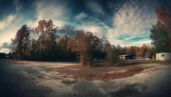 Tranquil autumn sunset over rural forest, multi colored leaves carpet ground generated by AI photo