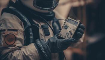 Two armed males aiming rifles outdoors in protective workwear generated by AI photo