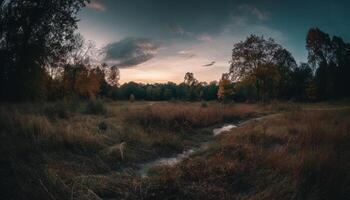 A panoramic autumn landscape tranquil meadow, green trees, and mountain generated by AI photo