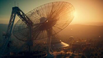 Silhouette of a large steel antenna broadcasting global communications outdoors generated by AI photo