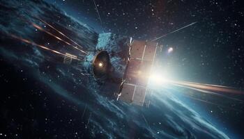 Futuristic spaceship orbits glowing nebula in deep space exploration generated by AI photo