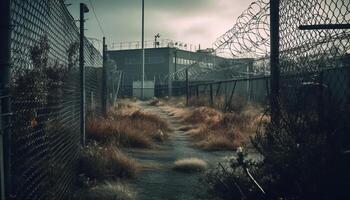 Barbed wire fence, steel and metal architecture, nature boundary generated by AI photo