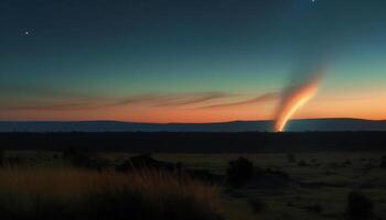 Silhouette of majestic mountain range burning in glowing sunset flame generated by AI photo