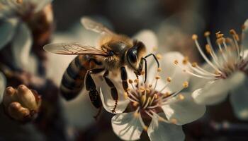 A busy bee collecting pollen from a single yellow flower generated by AI photo