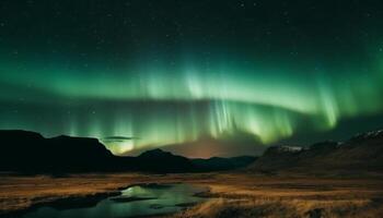 Majestic mountain range illuminated by glowing star trail in winter generated by AI photo