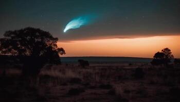 silueta de árbol espalda iluminado por brillante lechoso camino galaxia generado por ai foto