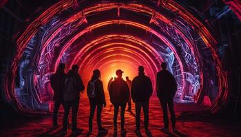 A group of silhouetted people walking towards a glowing stage generated by AI photo