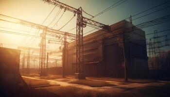 Steel silhouette of power line and pylon at sunset generated by AI photo