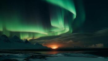 Majestic mountain range illuminated by aurora polaris in arctic night generated by AI photo