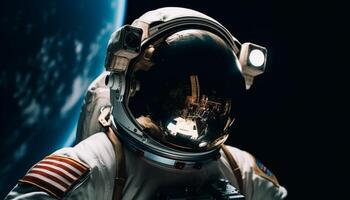 el futurista astronauta en azul espacio traje explora el galaxia generado por ai foto
