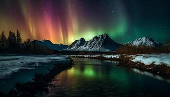 Majestic mountain range illuminated by multi colored aurora polaris at dusk generated by AI photo