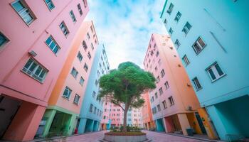 The modern skyscraper multi colored facade reflects the vibrant Caribbean sunset generated by AI photo