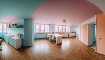 Modern domestic kitchen with elegant wood table and comfortable chairs generated by AI photo