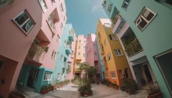 The vibrant, multi colored facade of a famous Caribbean building generated by AI photo