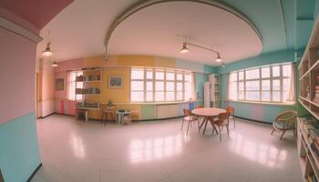 Modern classroom with bright lighting, empty bookshelf, and green decor generated by AI photo