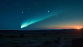 silueta de majestuoso montaña rango iluminado por brillante estrella campo generado por ai foto