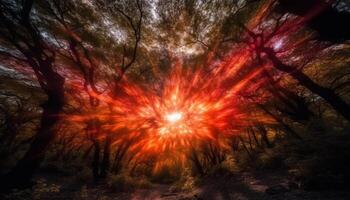 Nature inferno Exploding flames illuminate dark forest in multi colored motion generated by AI photo