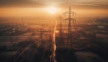 Electricity pylon and power line silhouette against backlit sunset sky generated by AI photo