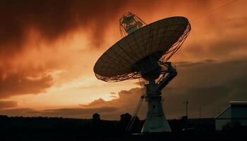 Silhouette of satellite dish receives global communications, sending data worldwide generated by AI photo