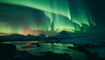 Arctic adventure Majestic mountain range illuminated by aurora polaris generated by AI photo