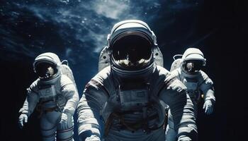 Two futuristic cosmonauts explore the Milky Way galaxy in space suits generated by AI photo
