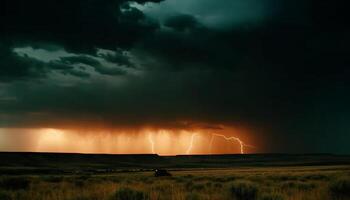 Dangerous thunderstorm brews over rural farm, ominous electricity crackles generated by AI photo