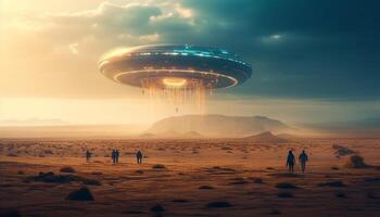 Futuristic spaceship orbits planet in glowing, digitally generated image generated by AI photo