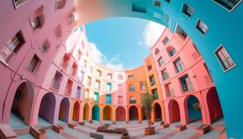 The modern architecture of the famous building features vibrant colors generated by AI photo