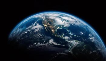 azul planeta brilla en espacio, mapeado para global viaje destinos generado por ai foto