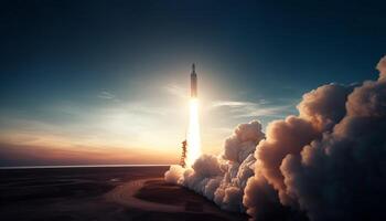 Rocket propels through stratosphere, powered by futuristic fuel generator generated by AI photo