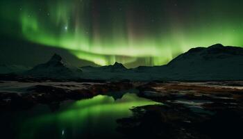 Majestic mountain range illuminated by aurora polaris in tranquil scene generated by AI photo