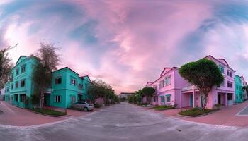 A modern architecture building illuminated by vibrant multi colored sunset sky generated by AI photo