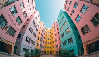 A vibrant cityscape at dusk, modern architecture illuminated by sunset generated by AI photo