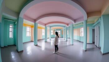 One woman walking through modern hospital corridor, surrounded by loneliness generated by AI photo