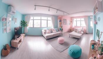 un moderno, elegante vivo habitación con cómodo sofá y eléctrico lámpara generado por ai foto