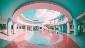 Futuristic office lobby with modern architecture and bright lighting equipment generated by AI photo