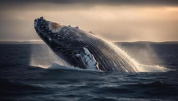 A majestic humpback whale breaches, splashing in the blue sea generated by AI photo