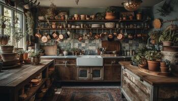 Rustic kitchen decor with modern elegance, no people in sight generated by AI photo