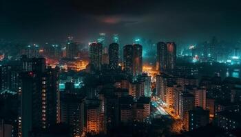 The illuminated city skyline glows with modern architecture at dusk generated by AI photo
