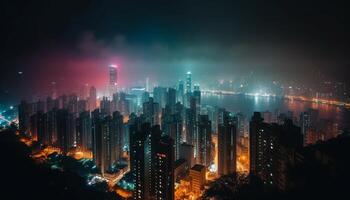 Victoria Peak skyscraper skyline glows in multi colored lighting equipment at dusk generated by AI photo