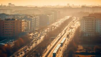 Beijing rush hour traffic illuminates the modern city skyline generated by AI photo