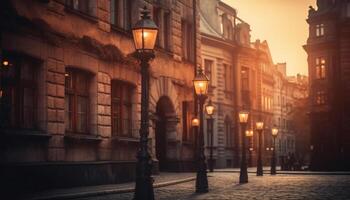 The old town architecture illuminated by yellow lanterns at dusk generated by AI photo