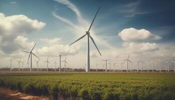 Wind turbines spinning in a row, powering sustainable progress generated by AI photo