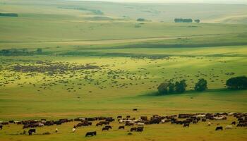 A tranquil scene of domestic cattle grazing in a meadow generated by AI photo