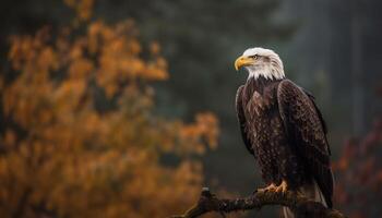 Majestic bald eagle perching on branch, talons in focus generated by AI photo