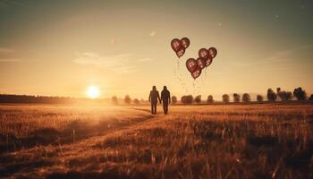 A romantic couple embraces in the backlit sunset meadow generated by AI photo