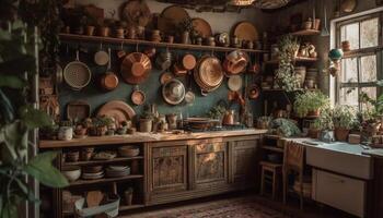 Rustic pottery and old fashioned crockery decorate modern kitchen shelf generated by AI photo