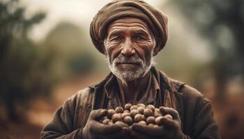 Smiling farmer holds mustache, wrinkles show indigenous culture in agriculture generated by AI photo