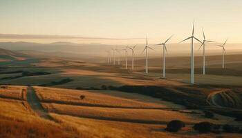 Silhouette of wind turbines spinning in sunset, powering sustainable resources generated by AI photo